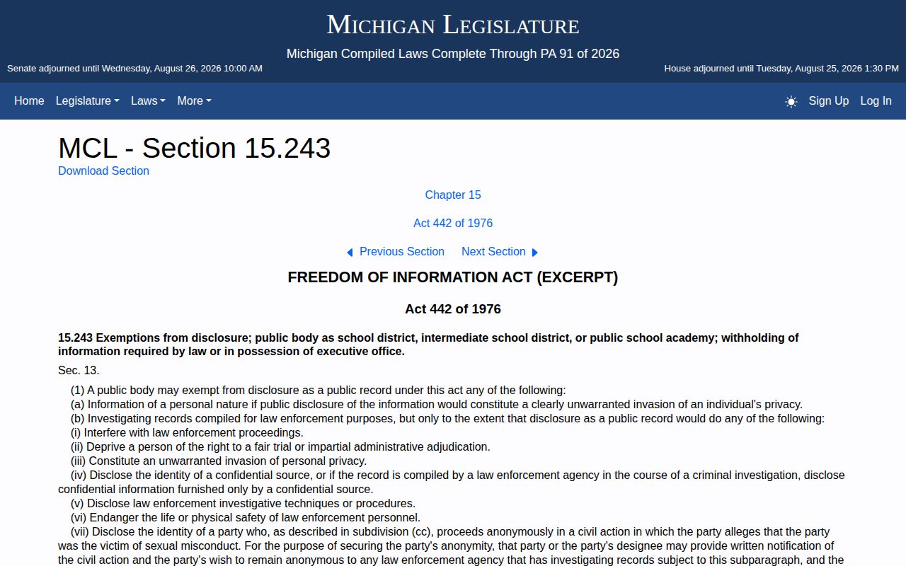 Michigan FOIA exemptions for Branch County booking records